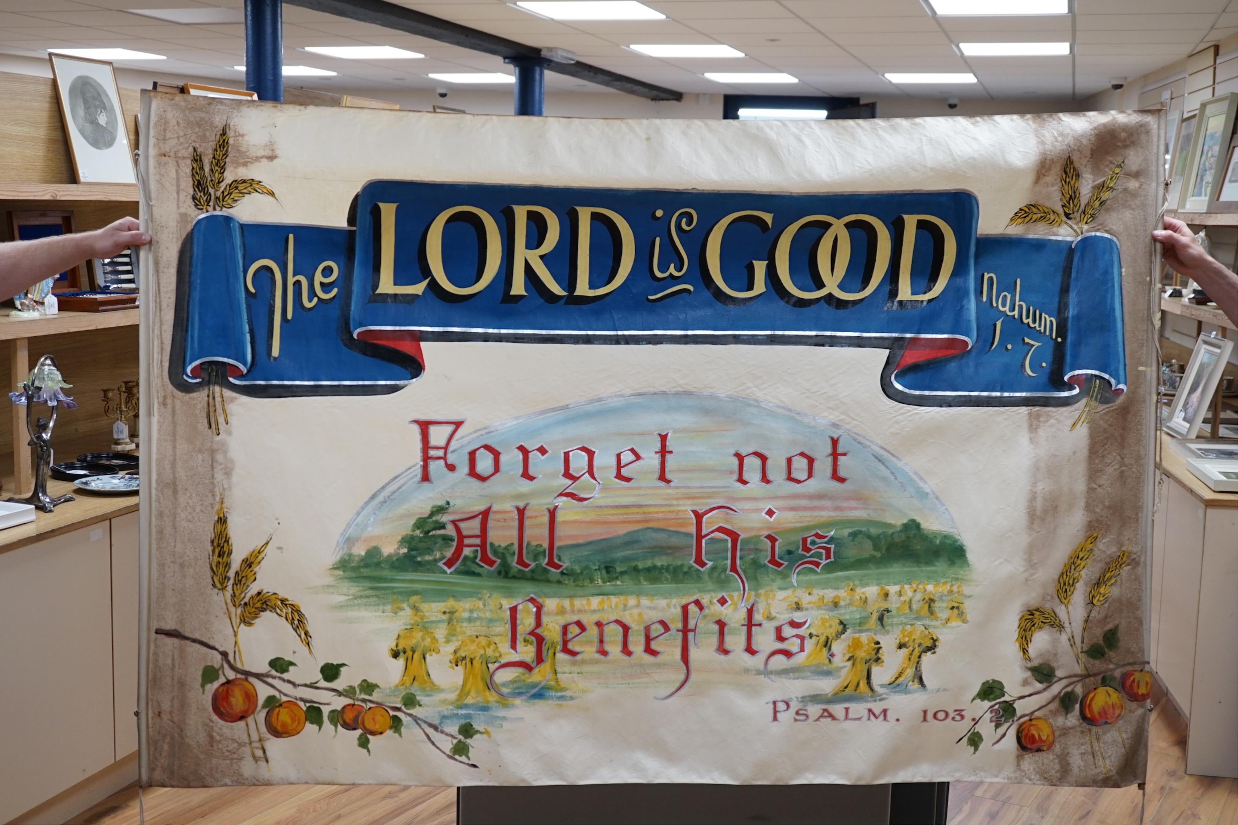 A large hand painted Baptist Revival banner, probably American, 135cm high. Condition - fair